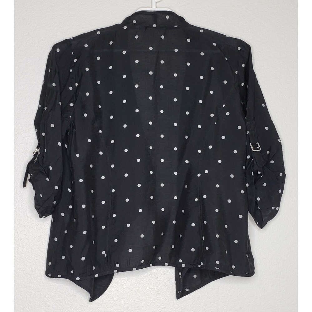 Chicos Cardigan Top Sz 2 Black White Polka Dot 3/4 Sleeve Open Front Nylon Blend - Picture 2 of 6